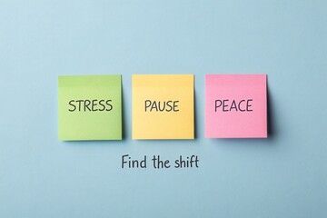 Three Pastel Sticky Notes Conveying Stress Pause and Peace