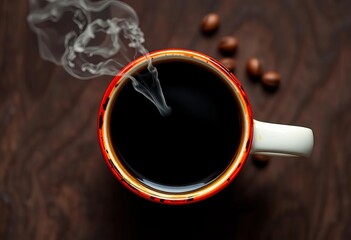 Overhead view of a steaming mug of black coffee,  background,  simple