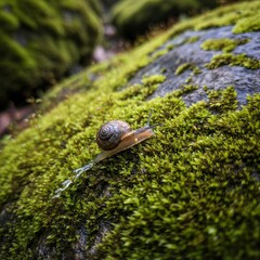Close-up shot of a snail gliding across a vibrant, green moss-covered rock surface.