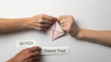 Two hands folding paper origami sharing shared trust