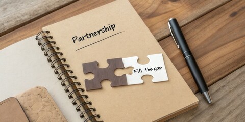 Two puzzle pieces connecting on notebook for partnership concept