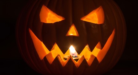 Fototapeta premium Eerily glowing jack-o'-lantern with a spooky carved face in darkness