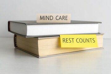 Two stacked books with Mind Care title and Rest Count note