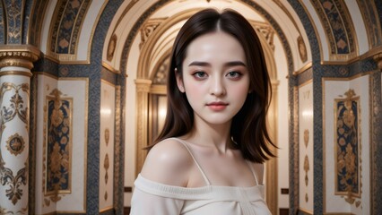 Fototapeta premium Elegant Brunette in Ornate Hallway with Architectural Details and Soft Light