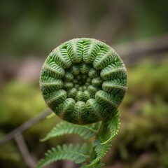 Close-up of a vibrant green fern fiddlehead unfurling in a natural forest setting, showcasing its intricate spiral pattern.