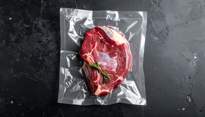 A top-down view of a raw, red meat cut, vacuum-sealed in clear plastic. A sprig of rosemary rests on the cut, against a dark background