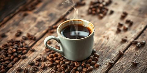Steaming coffee in rustic cup, coffee beans scattered on weathered wood, cozy, brown