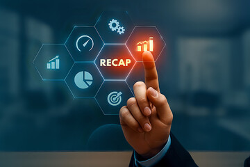 Reviewing Business Performance: A Hand Interacts with a Digital Interface to Select RECAP and Analyze Key Metrics, Goals, and Growth Charts