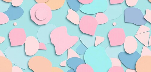 Trendy seamless pattern featuring abstract paper cut shapes in pastel colors, perfect for backgrounds and textile designs, fabric, vibrant