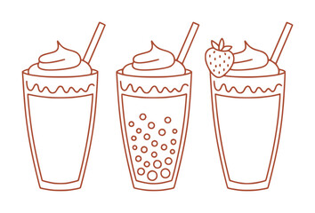 Three Delicious Drinks with Whipped Cream and Straws, One with Strawberry
