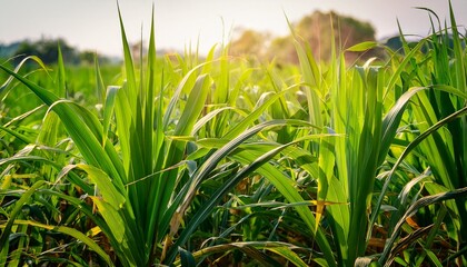 Obraz premium Close Up Of Vibrant Green Sugarcane Plants With Strong Tall Stalks Illuminated By Soft Sunlight In Lush Field Background Scene
