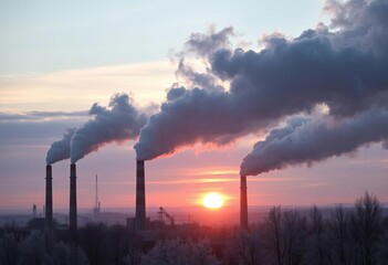 Plumes of grey industrial smoke billow from factory chimneys into a crisp, frosty winter dawn,   smog,  cityscape