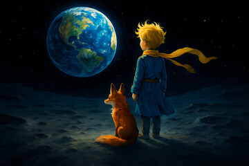 Whimsical fantasy art of the Little Prince gazing at planet Earth under a starry night sky. Perfect for children’s book themes, imagination, space dreams, and storytelling.