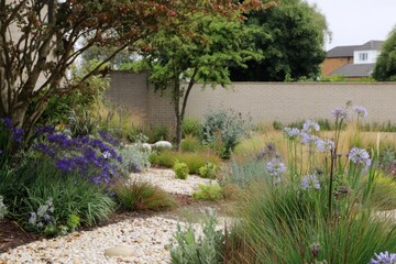 A vibrant garden filled with a variety of blooming flowers and rich, lush greenery creates a peaceful atmosphere, even on a cloudy day