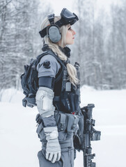 Female soldier wearing tactical gear standing in snowy forest