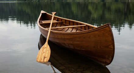 Obraz premium Wooden canoe resting on calm water with paddle leaning inside 