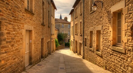 Fototapeta premium Old stone street scene with buildings walkway and overhead lighting