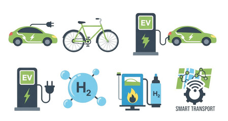 Illustration showing various eco friendly transportation methods including electric vehicles and hydrogen fuel cells