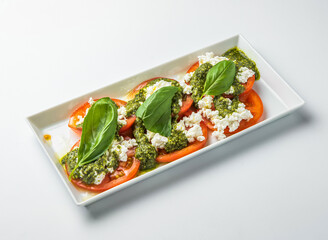 Caprese Salad with Sliced Tomatoes, Cottage Cheese, Pesto, and Fresh Basil in white rectangular platter Isolated on a white background side view