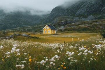 Bright yellow house stands alone in a lush green valley surrounded by mountains and fog on a calm, cloudy day in a tranquil landscape