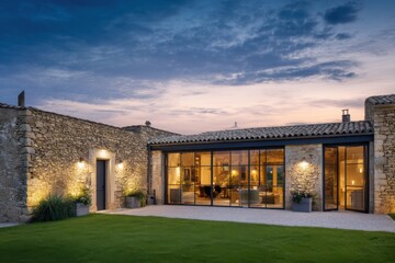 A contemporary stone house boasting stunning glass accents stands gracefully amidst a vibrant, lush lawn, all bathed in the warm glow of sunset in a serene and peaceful setting