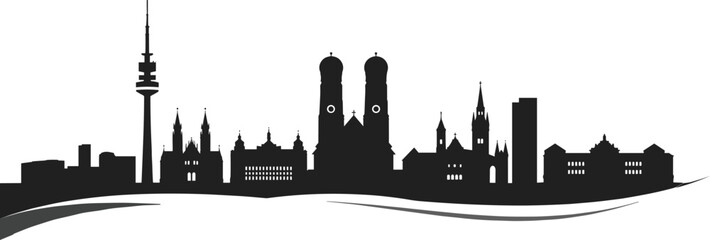 Naklejka premium Munich city skyline silhouette, famous German landmarks, architectural cityscape vector, travel tourism design, urban skyline illustration for print, web, and branding