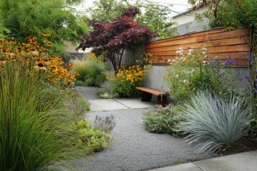 Beautiful garden path with vibrant flowers and lush plants, offering a peaceful outdoor retreat in a residential neighborhood during the afternoon