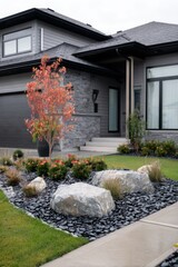 This contemporary home boasts an eye-catching landscape that showcases vibrant trees, decorative stone accents, and lush green grass, all set against a backdrop of a cloudy sky