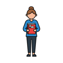 Stylized person with bun hairstyle holding a red book with a bookmark isolated on white background