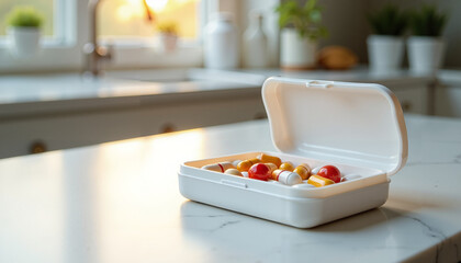 Pill organizer with colorful capsules on kitchen table in sunlight  