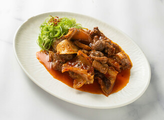 Chinese Braised Beef Tendon and Meat in Rich Savory Sauce with Scallion Garnish in white plate top view on marble background
