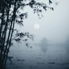 Misty bamboo lake with full moon and traditional Chinese pavilion