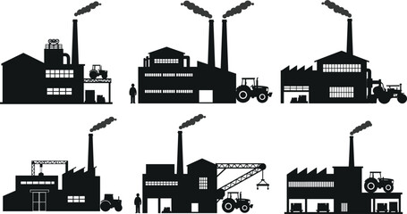 Obraz premium Industrial building silhouette vector illustration, factories with smokestacks and machinery, tractors and workers, heavy industry production, manufacturing plant design, black isolated graphic