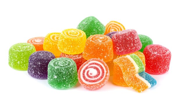 A colorful pile of assorted jelly candies dusted with sugar, set against a clean white background