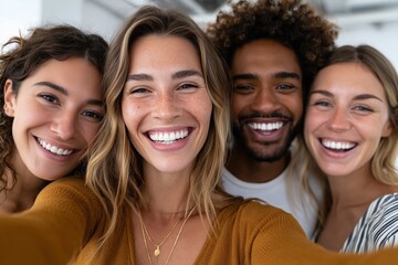 Four people taking a group selfie indoors with cheerful expressions