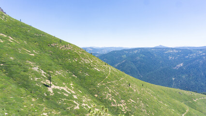 Aerial view of a lush green mountain slope under a clear blue sky with distant mountain ranges