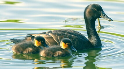 Mother duck swims peacefully with her two fluffy ducklings in serene water during late afternoon