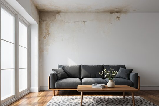 A modern living room with a grey sofa set against a distressed wall with peeling paint