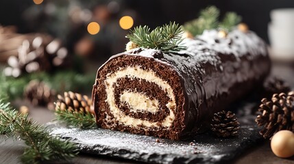 Sweet and elegant French Yule log cake Bûche de Noël with chocolate cream and festive decorations. Photo for holiday menus, cookbooks and recipe blog.
