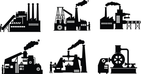 Naklejka premium Industrial factory silhouette vector illustration, smokestacks and conveyor systems, oil rig and machinery, workers operating equipment, heavy industry production, black isolated building design