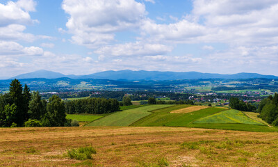 Fototapeta premium Wide panoramic view of a rural valley with rolling hills, green fields and small villages. Blue mountains rise in the distance under a sky filled with white summer clouds.