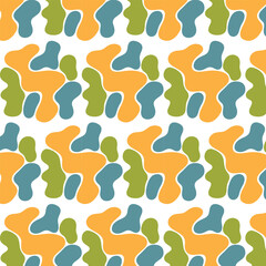 Seamless pattern with abstract animal shapes in green, yellow, and blue colors, great for fabric printing, kids’ clothing, wallpapers, wrapping paper, and modern decorative projects.