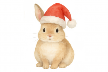 Cute watercolor rabbit wearing festive santa hat, celebrating christmas holiday season, transparent background