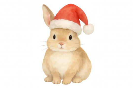 Cute watercolor rabbit wearing festive santa hat, celebrating christmas holiday season, transparent background