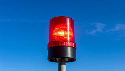 Illuminated red emergency light with black base and power cord on a flat surface, set against a blue background, symbolizing urgency and alertness.