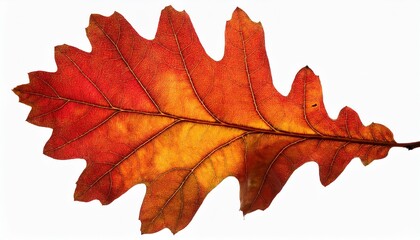 Fototapeta premium Vibrant Autumn Oak Leaf With Detailed Veins Displaying Fiery Red Orange Yellow Hues Transparent Background