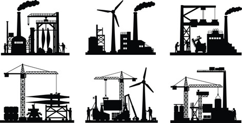 Industrial factories and renewable energy, wind turbines, smokestacks with smoke, cranes, construction sites, heavy industry, refinery structure