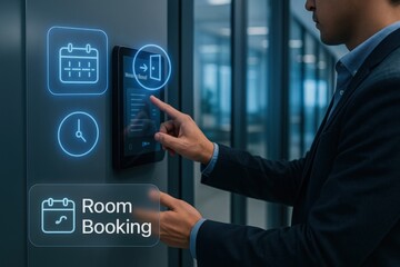 Efficient room booking management modern office space digital interface corporate environment close-up view productivity concept