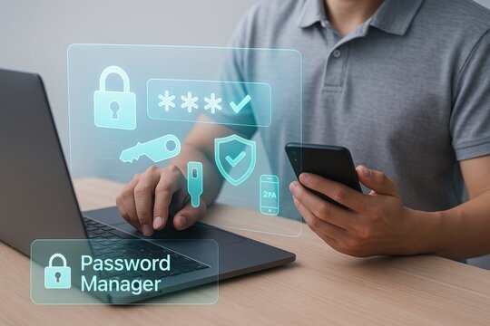 Secure your digital life managing passwords with a password manager home office digital security technology close-up view cyber safety