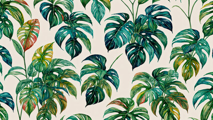 Seamless tropical jungle leaves pattern with monstera